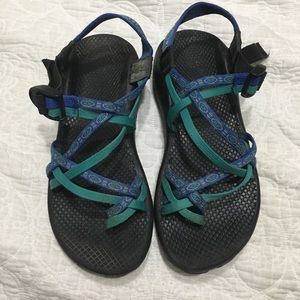Teal and blue chacos